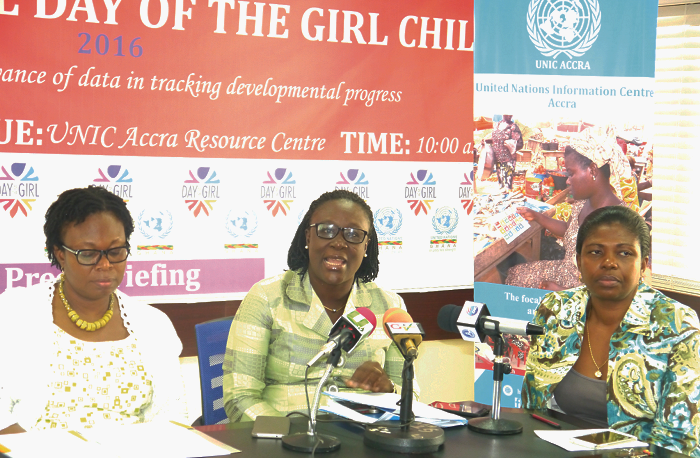  Mrs Emelia Allan (middle) addressing the press with with her are  Mrs Doris Mawuse Aglobitse (left), Programme Analyst Communication and Resource Mobilisation, UNFPA and Mrs Cynthia Prali (right), National Information Officer. Picture: PATRICK DICKSON   